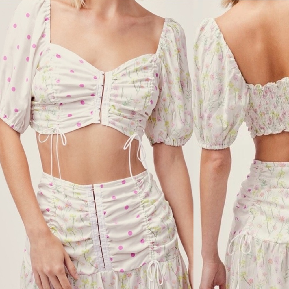 For Love And Lemons Strudel Floral Puff Sleeve Crop Top Floral Polka Dot S White